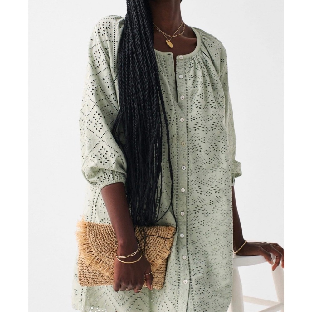 Faherty Valencia Eyelet Dress Green Organic Cotton Button Front Mini Medium